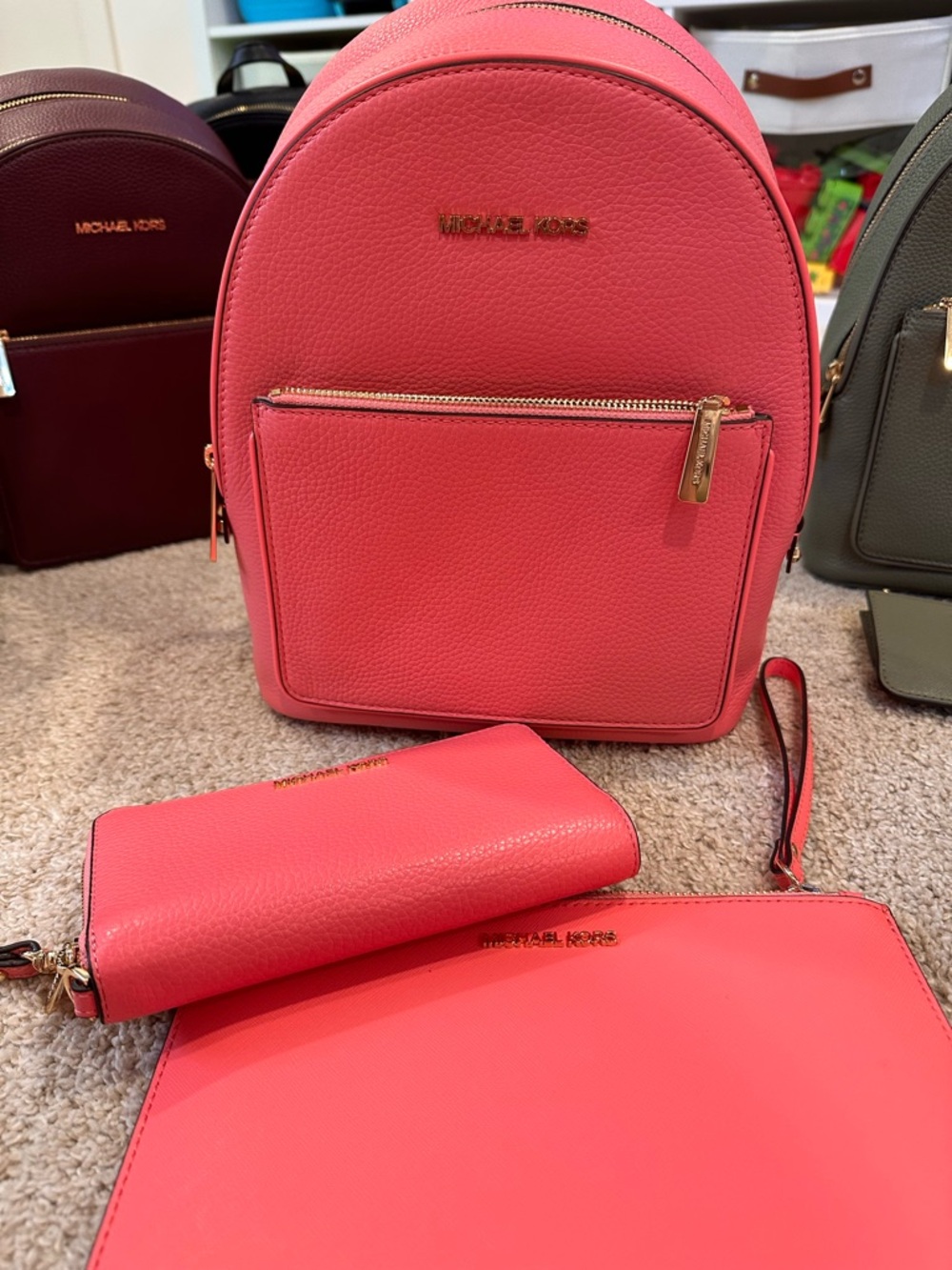 Michael Kors Coral Pink Pebbled Leather Backpack with Wristlet & Pouch